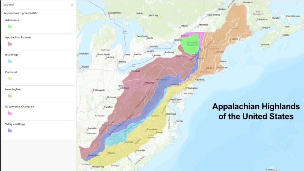 Map of the Appalachian Highlands physiographic division shown by province