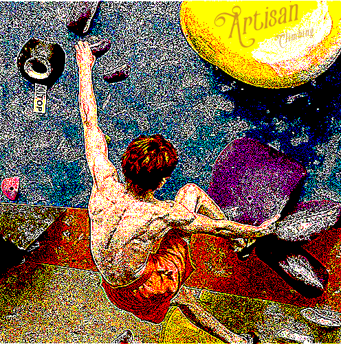 A stylized rock climber on an indoor climbing wall.